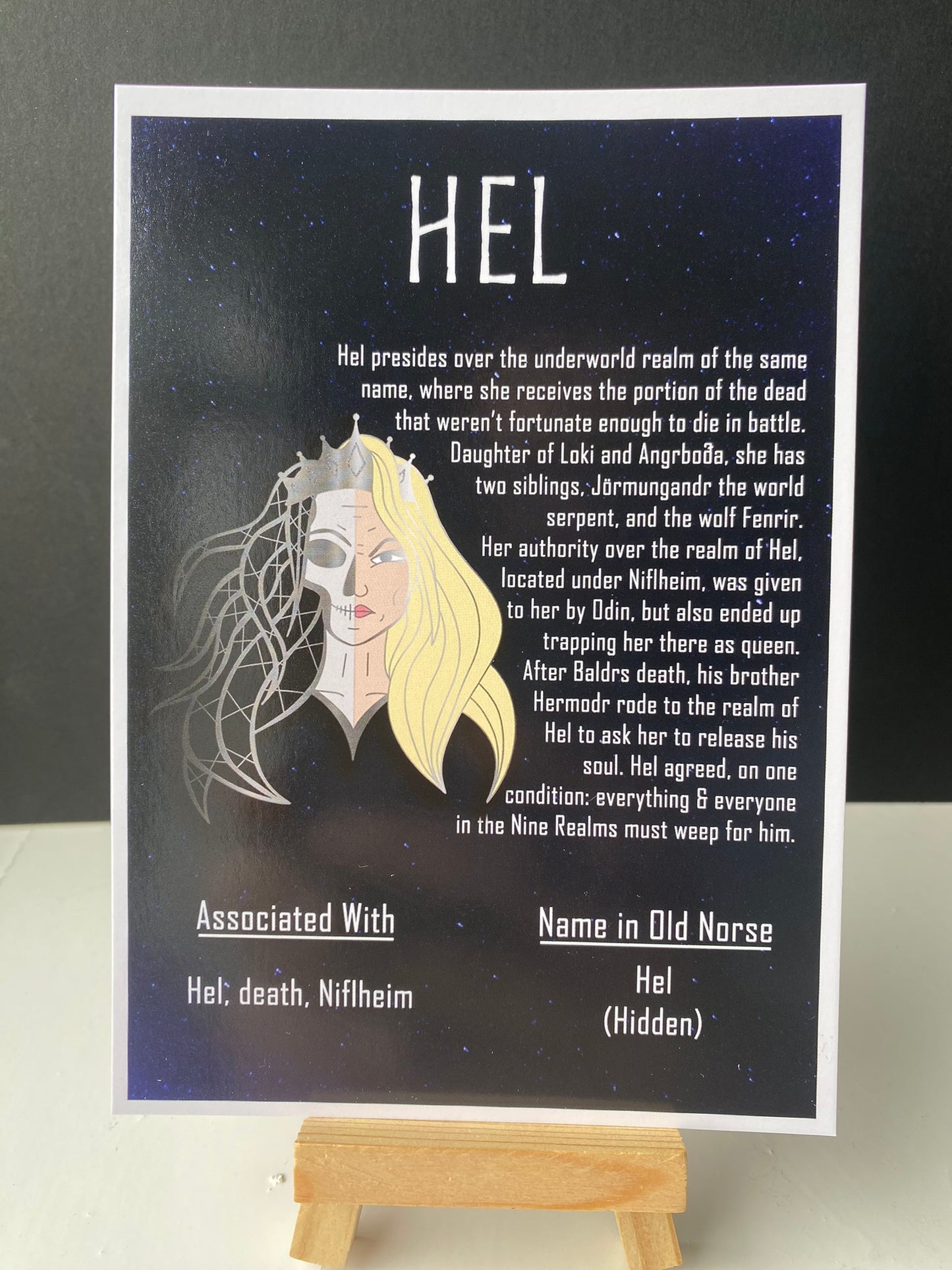 Postcard of the Norse god Hel. Contains information about the god and their name in old Norse.