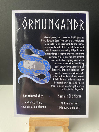 Postcard of the Norse icon jormungandr, also known as the Midgard serpent. Contains information about the god.