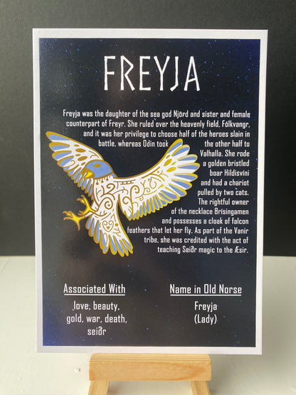 Postcard of the Norse god Freyja. Contains information about the god.