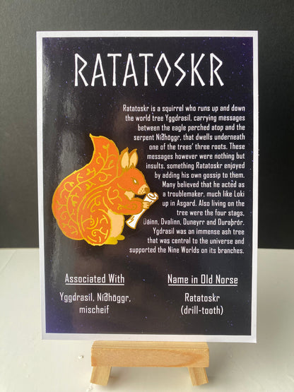 Postcard of the Norse icon ratatoskr. Contains information about the Norse god.