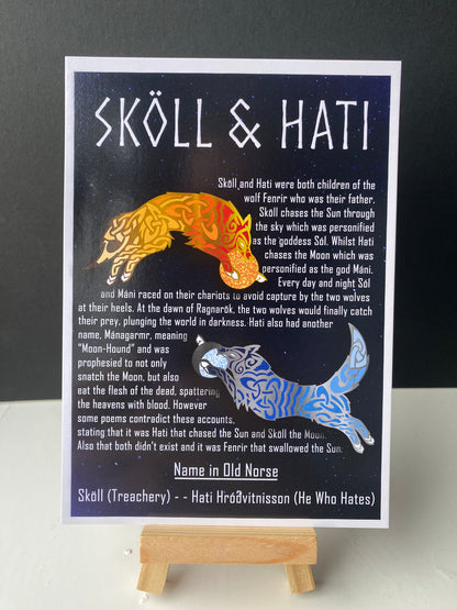 Postcard of Norse icons Skoll and Hati. Contains information about them and their name in old Norse.