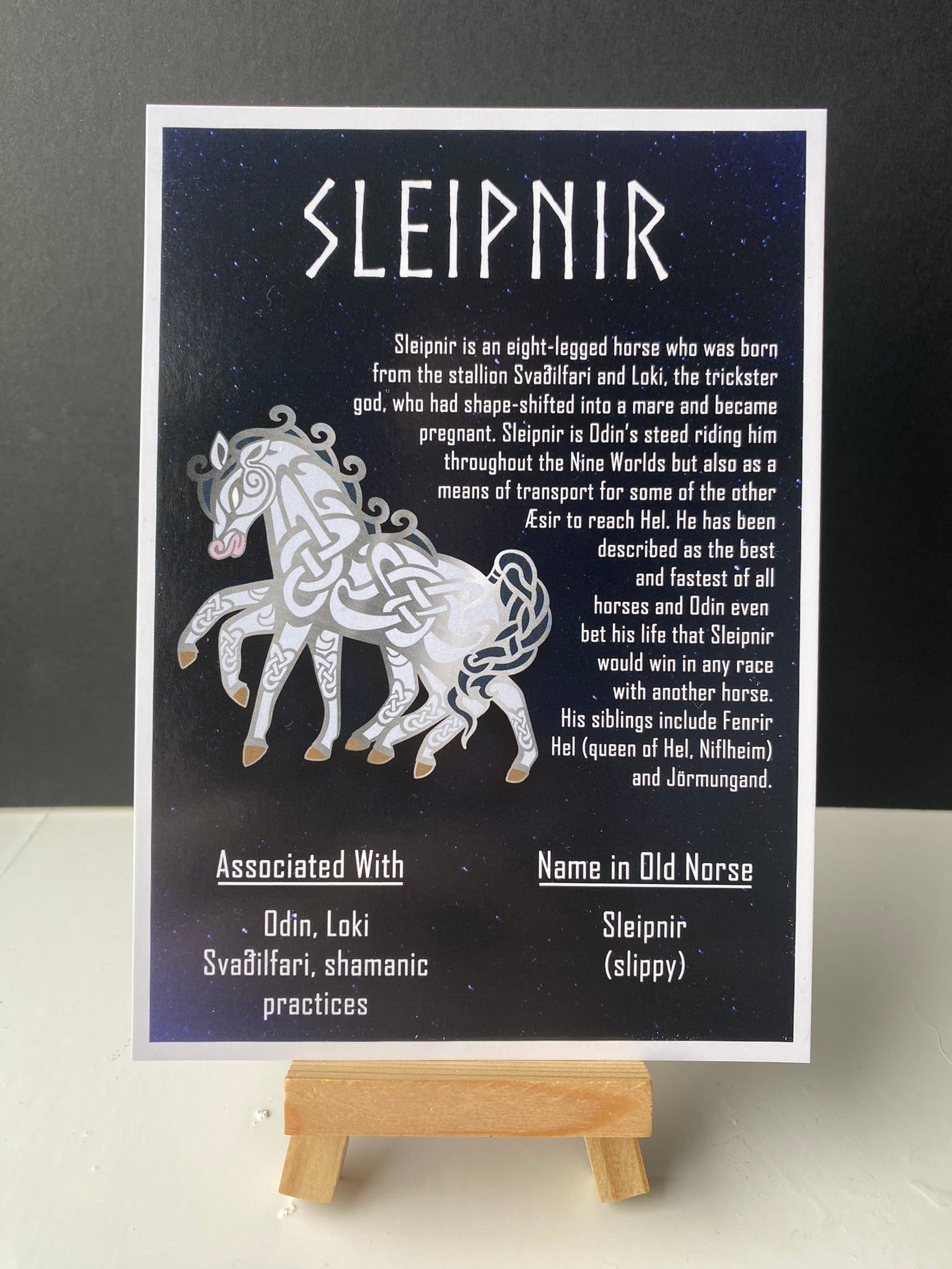 Postcard of the Norse icon Sleipnir, the eight-legged horse. Contains information about the Norse icon.