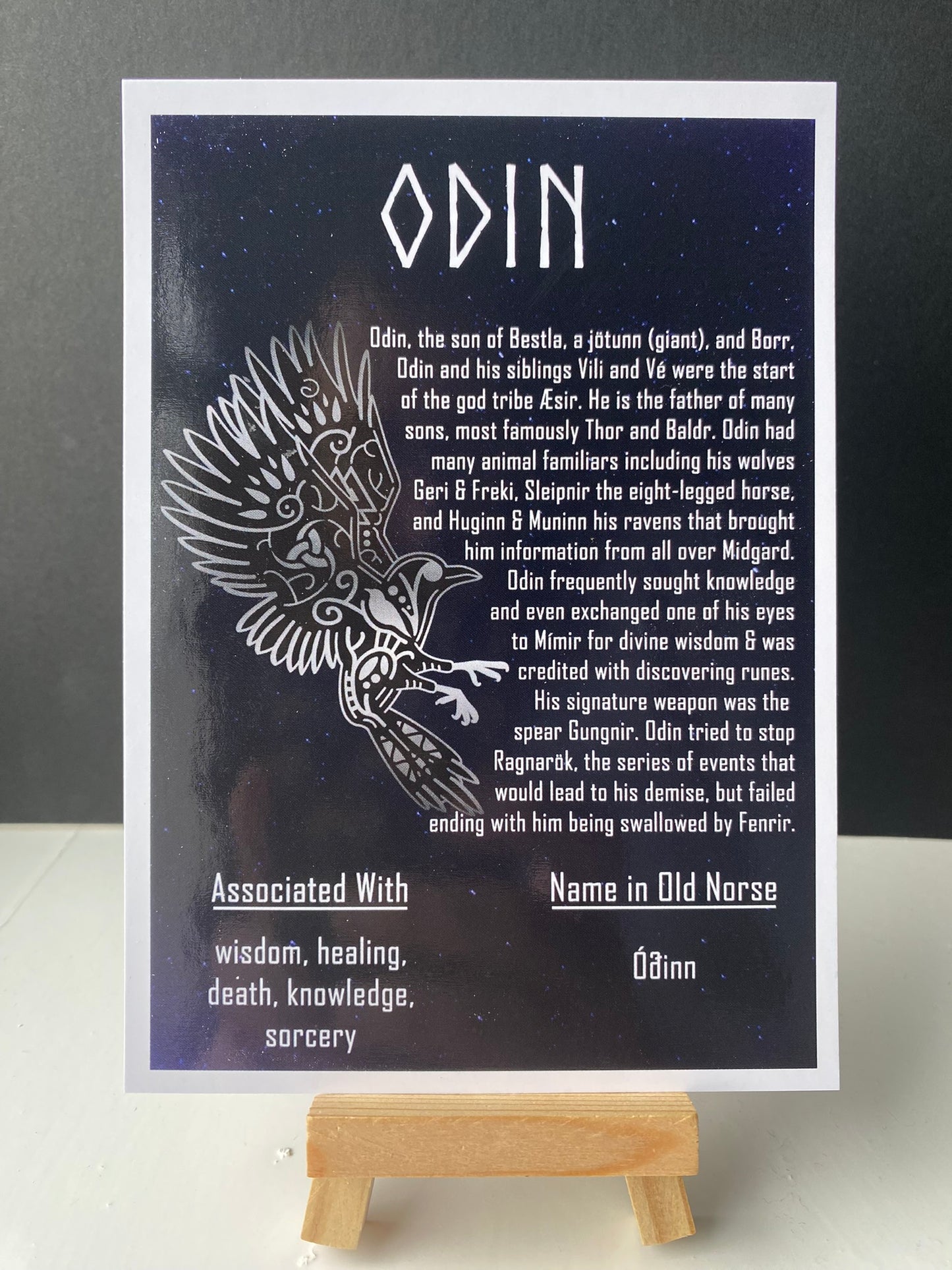 Postcard of Norse god Odin. Postcard contains information about the god as well as their name is old Norse