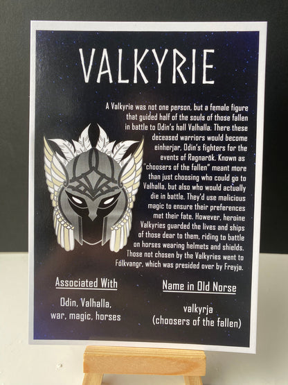 Postcard of the Norse icons valkyries. Contains information about them.