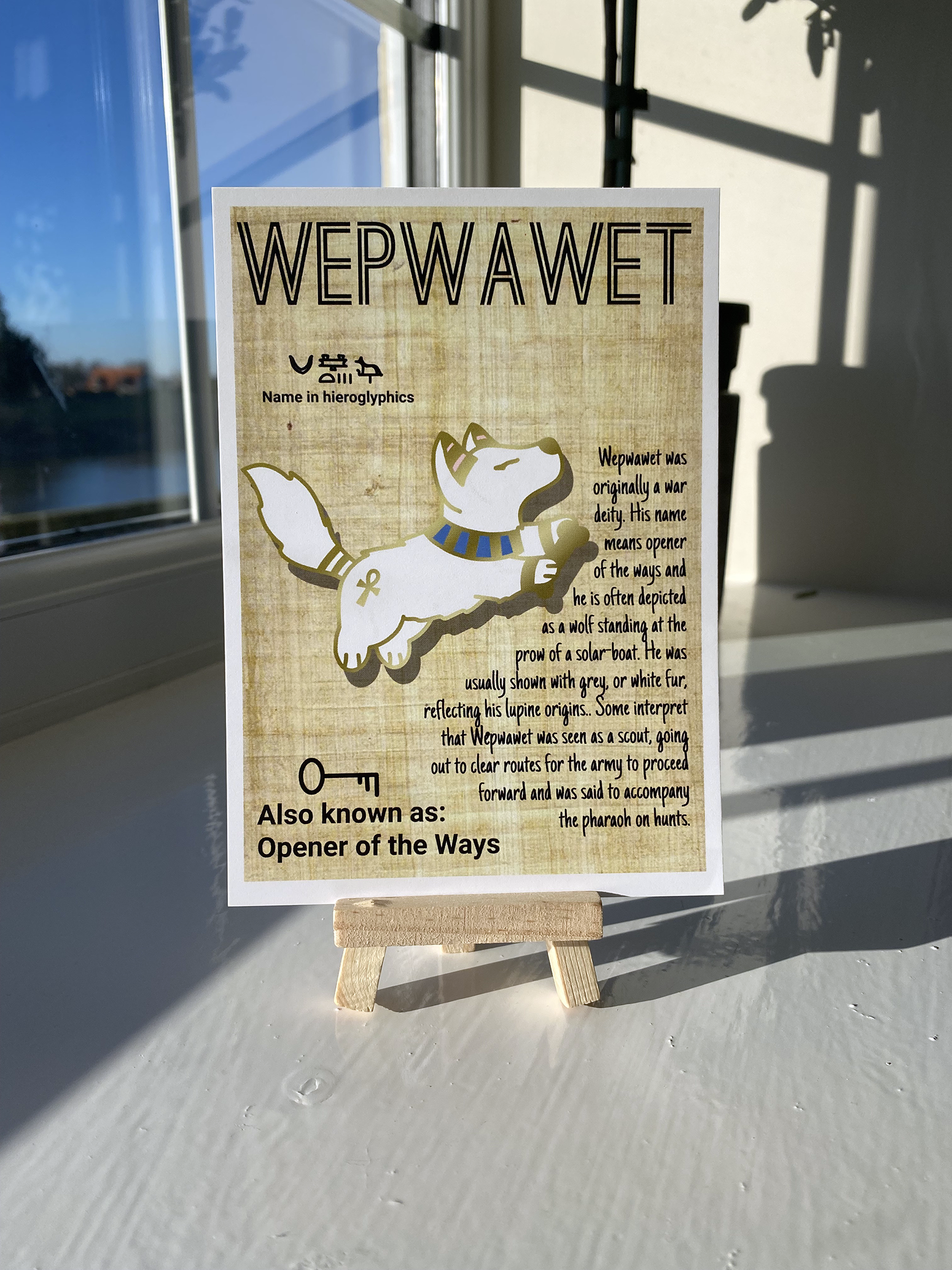 Postcard of the Egyptian god Wepwawet. Contains information on the god.