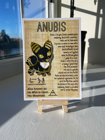 Postcard of the Egyptian god Anubis. Contains information about the god.