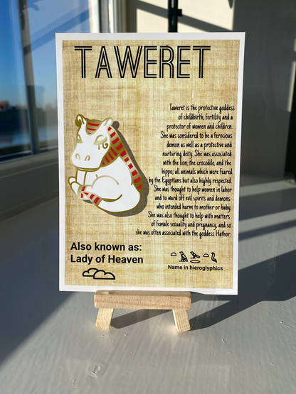 Postcard of the Egyptian god Taweret. Contains information about the god.