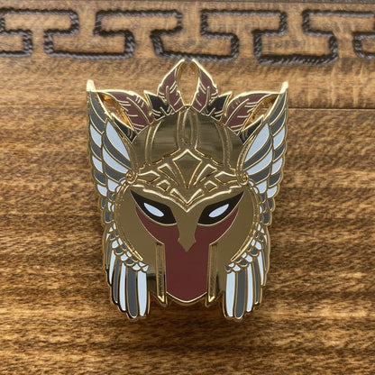 Gold-plated enamel pin of a valkyrie helmet. The Norse icon.