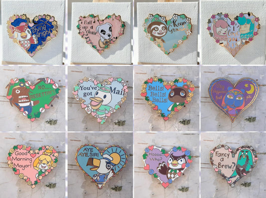 FULL SET // Animal Crossing Love Heart Enamel Pins // 40mm Wide // Gold Plated // Discontinued